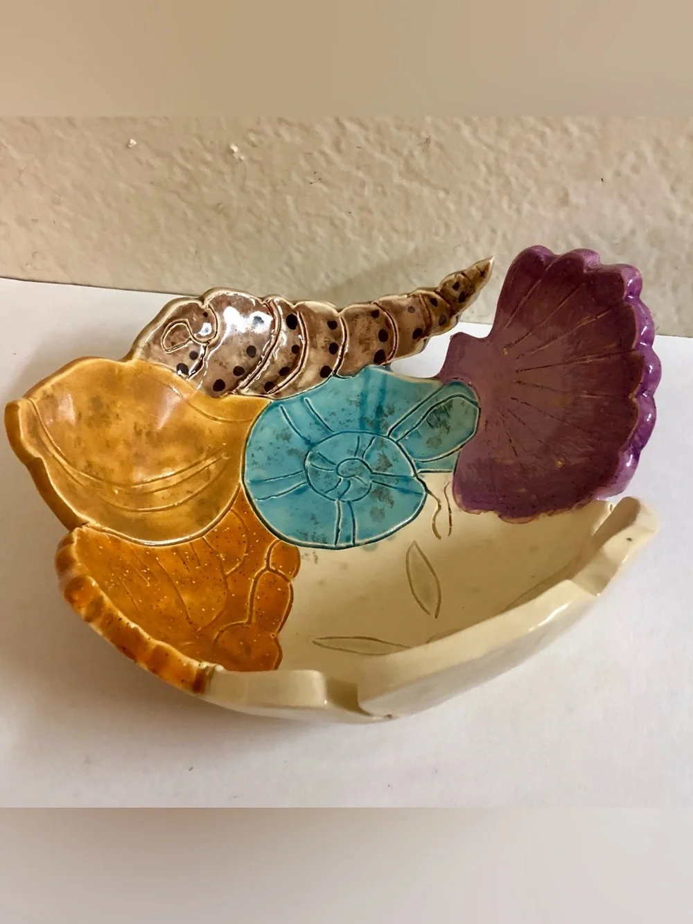 Handmade Ceramic Seashell Accent Dish - Multicolor. Signed